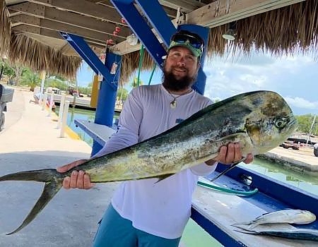 Man holds up fish caught on his trip in two hands